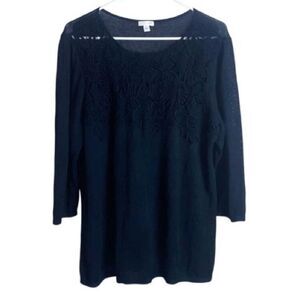J. Jill Navy Blue Linen Blend Knit Top Large Floral Lace Overlay Women’s Sweater